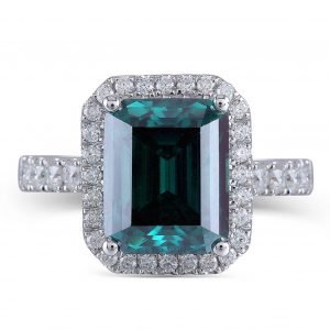Emerald Moissanite Halo Engagement Ring In White Gold