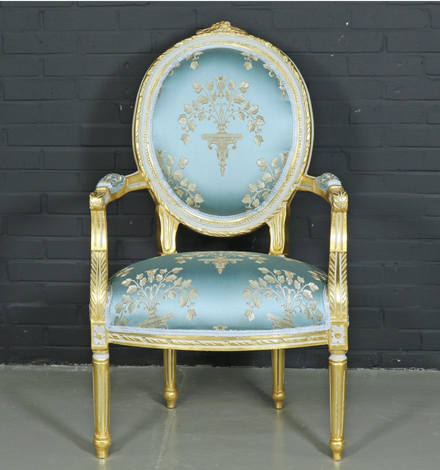 Antique-style-baroque-salon-Medaillonchair-turquoiseandgold1.png Baroque salon medaillon chair with turquoise armrests