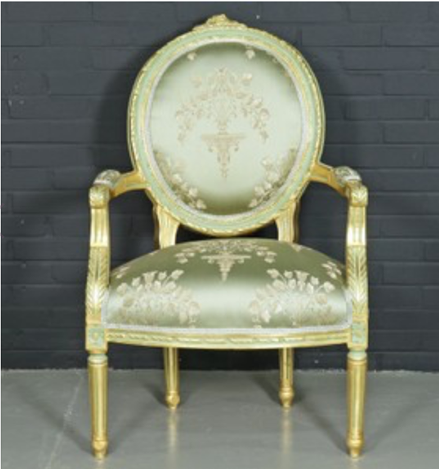 Antique-style-baroque-salon-Medaillonchair1.png Baroque salon medaillon chair with green armrests