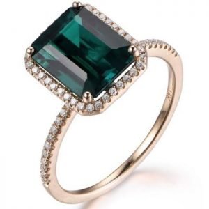 Wedding Band Halo Ring With Green Emerald Gem Stone