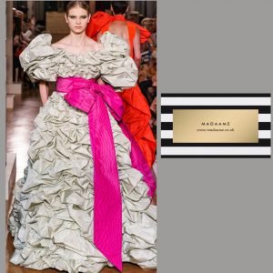 Haute Couture Silver Gown With Ruffled Shoulders and Pink Sash