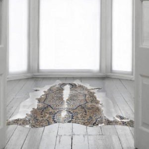 The Persian Cow hide Rug Brown in Blue and White