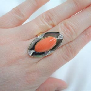 Fine Large Coral, Abalone and Diamond Panel Ring