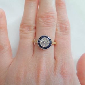 Vintage French 1.10ct Diamond & Sapphire Ring 750 (18ct) Gold
