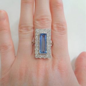 Vintage Large Aquamarine and Diamond Panel Platinum Ring