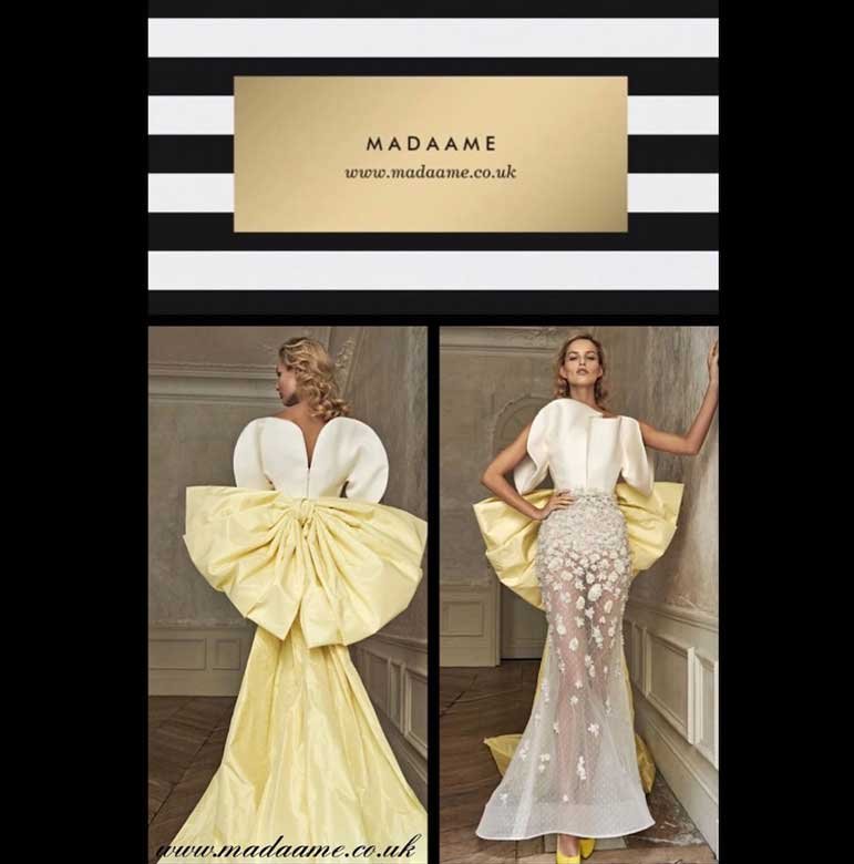 Long-white-strapless-evening-dress-with-yellow-bow-and-train Long white strapless evening dress