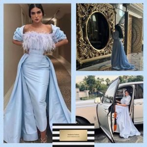 Madaame in Dubai inspired Sky Blue Satin Feather Gown