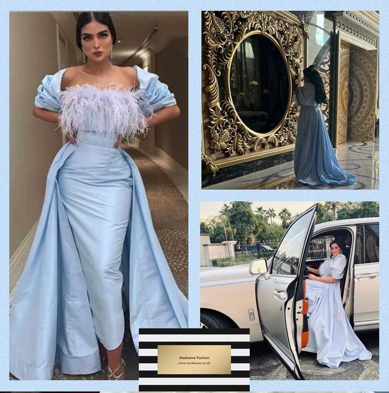 Madaame-in-Dubai-inspired-Sky-Blue-Satin-Feather-Gown Madaame in Dubai inspired Sky Blue Satin Feather Gown