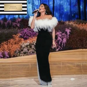 Arab Black & White Feather Off Shoulder Beading Side Split Gown