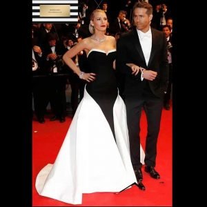 Strapless Blake Lively Black White Stain Split Gown