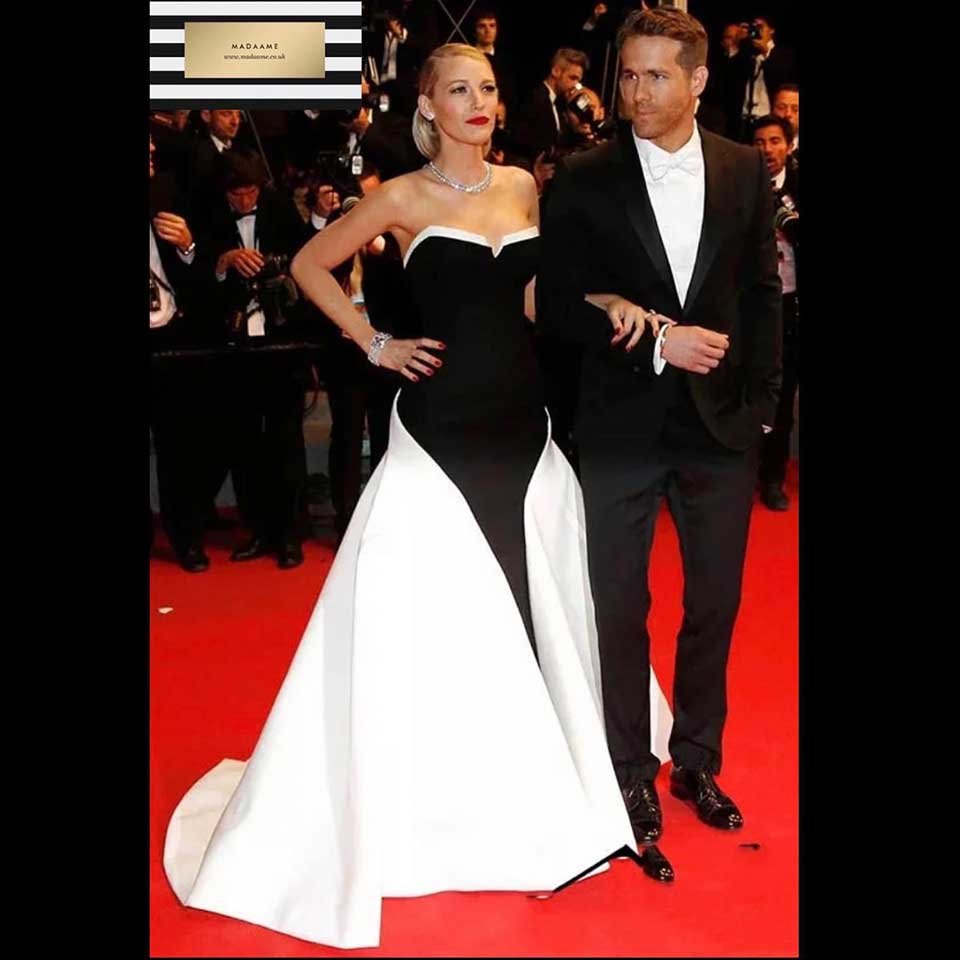 Strapless-Blake-Lively-Black-White-Stain-Split-A-Line-Red-Carpet-Gown Strapless Blake Lively Black White Stain Split Gown