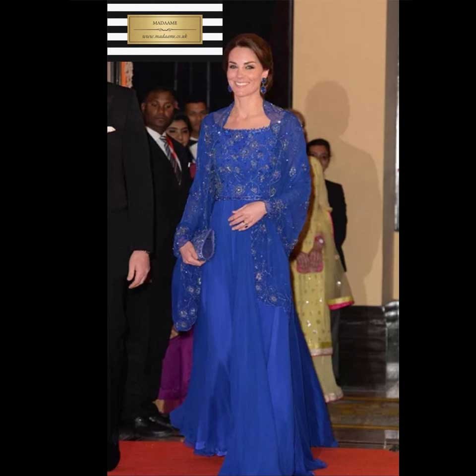Royal Blue Kate Middleton Beaded Long Gown Meghan Markle High Neckline Long Cap Sleeve with Cape